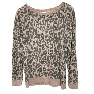 MOONDANCE Tan and Grey Leopard Print Crewneck Lightweight Sweater Size Small